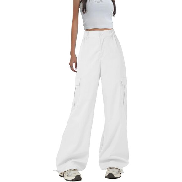 Women's Stretchy Baggy Parachute Pants - High Waist White Joggers with Pockets - Picture 2 of 6